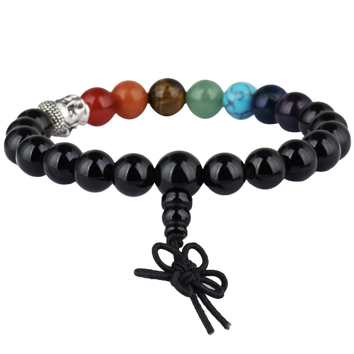 KYEYGWO Mala Prayer Beads Bracelet for Woman, 7 Chakras Crystal Stone Round Beads Stretch Bracelets, Black Agate