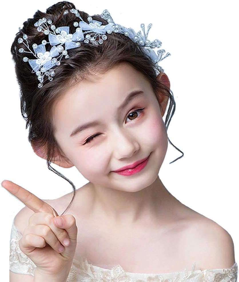 IYOU Floral Princess Headpiece Crystal Lace Wedding Headband White Flower First Communion Tiaras Hair Accessories for Flower Girls and Bridesmaid