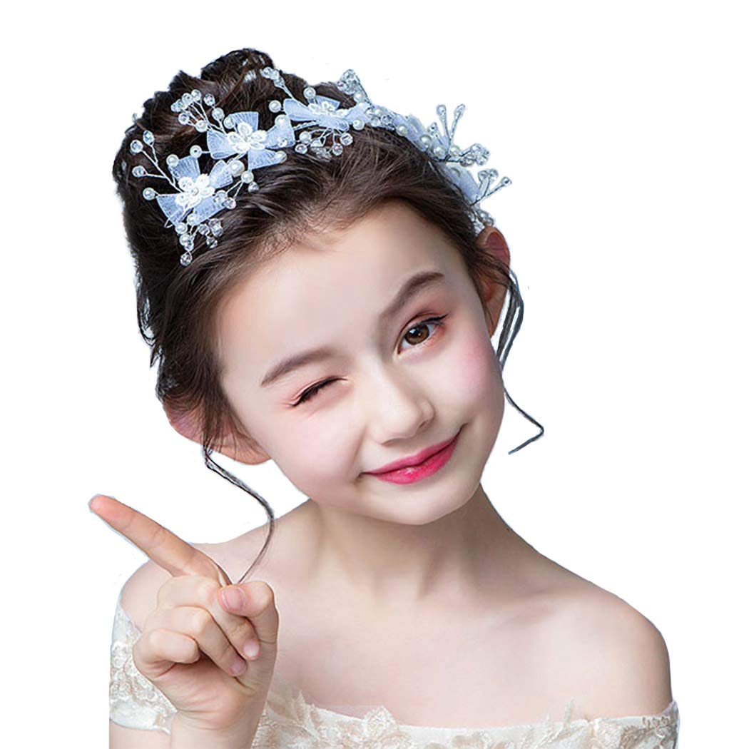 IYOU Floral Princess Headpiece Crystal Lace Wedding Headband White Flower First Communion Tiaras Hair Accessories for Flower Girls and Bridesmaid