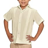 Kids Boys Linen Guayabera Shirts Short Sleeve Button Down Spread Collar Summer Solid Plain Cuban Tops