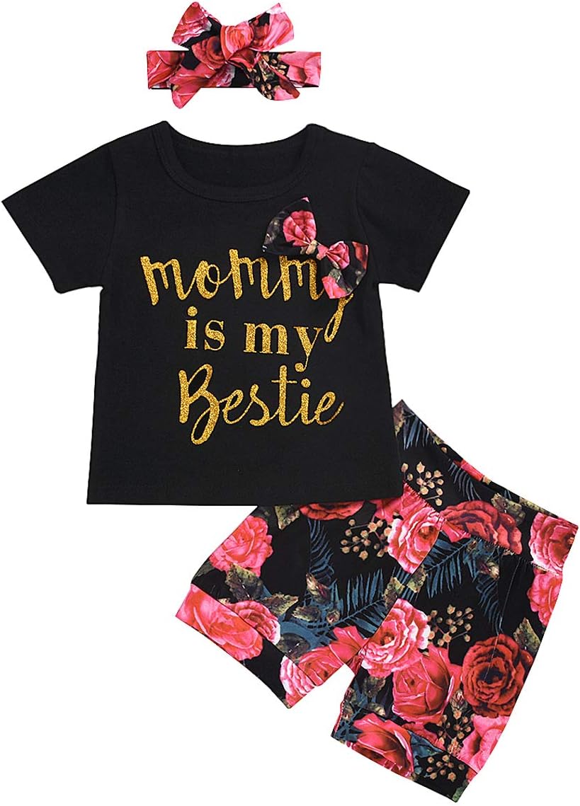 SANMIO 3PCS Newborn Toddler Baby Girl Clothes Outfits, Floral Ruffle Short Sleeve Tops + Pant Set with Headband