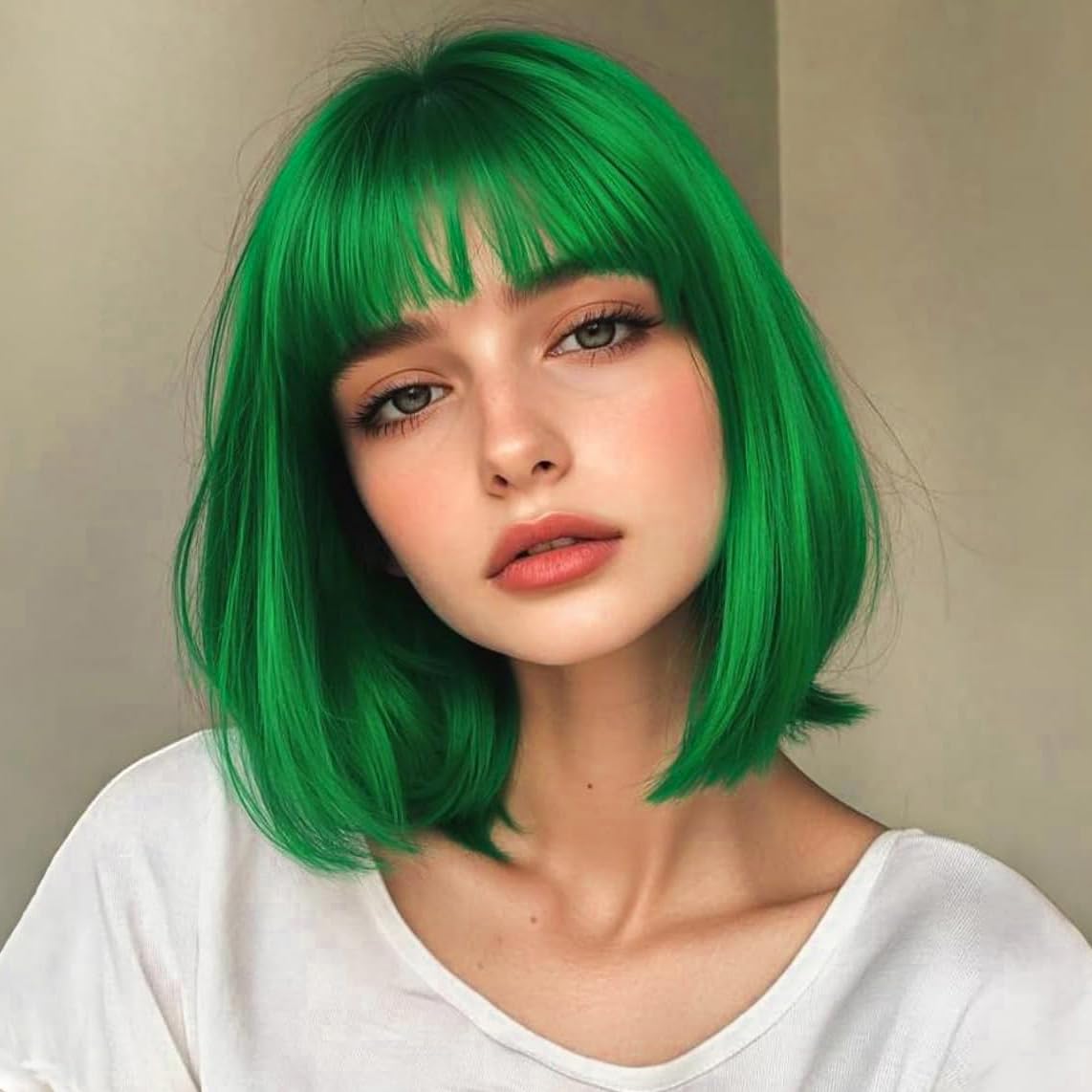 YEESHEDO Women's Short Bob Wigs Straight with Flat Bangs Colorful Hair Cosplay Party Halloween Costume Replacement Wig for Girls Heat Resistant Synthetic Natural As Real Hair 12" (Green) โ image 1