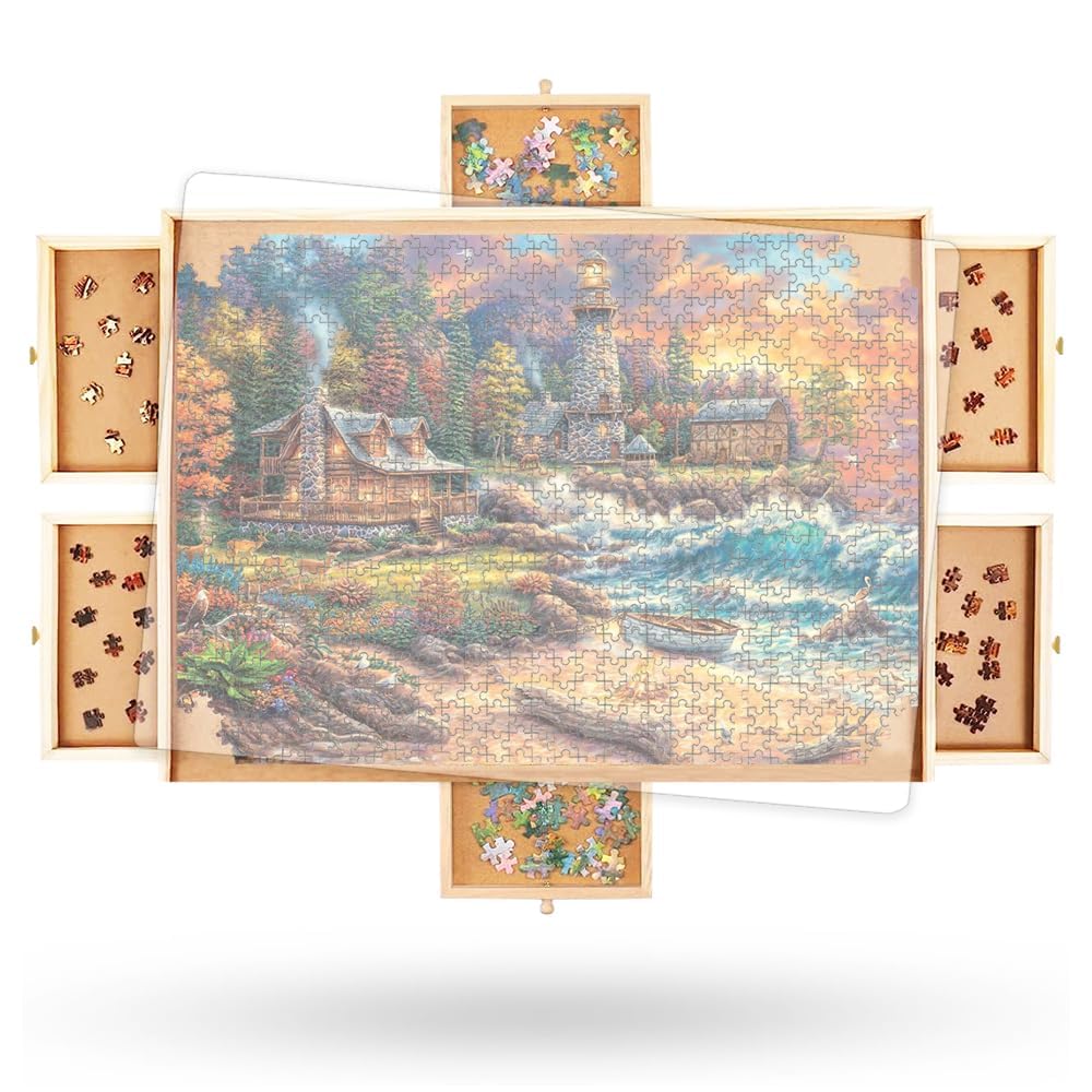2000 Piece Wooden Jigsaw Puzzle Board -6 Drawers, Rotating Puzzle Table | 41.5” X 30” Jigsaw Puzzle Table | Cover Included - for Adults and Kids by Beyond Innoventions