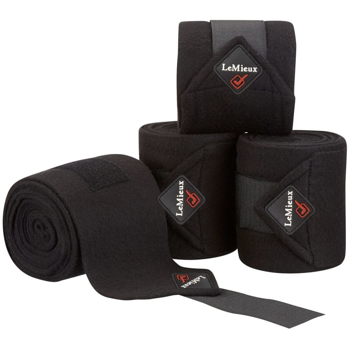 LeMieux Classic Polo Full Exercise Bandages in Black with Zipped Case - Soft Fleece Protection Wraps - 3.8 m Long - Pack of 4