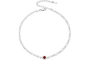 SILVERCUTE Figaro Anklets for Women, Sterling Silver Diamond Cut 3mm Link Chain Ankle Bracelet with Heart/Round Birthstone, Length 8.5"-10.5"