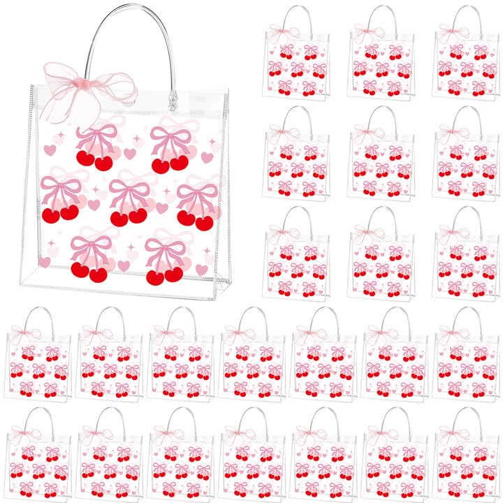 Photo 1 of 24 Pcs Cherry Party Favor Bags Clear PVC Cherry Ribbon Gift Bags with Handles Reusable Party Favor Bag for Girls Women Birthday Wedding Baby Shower Party, 6.3x5.9x2.8 Inch