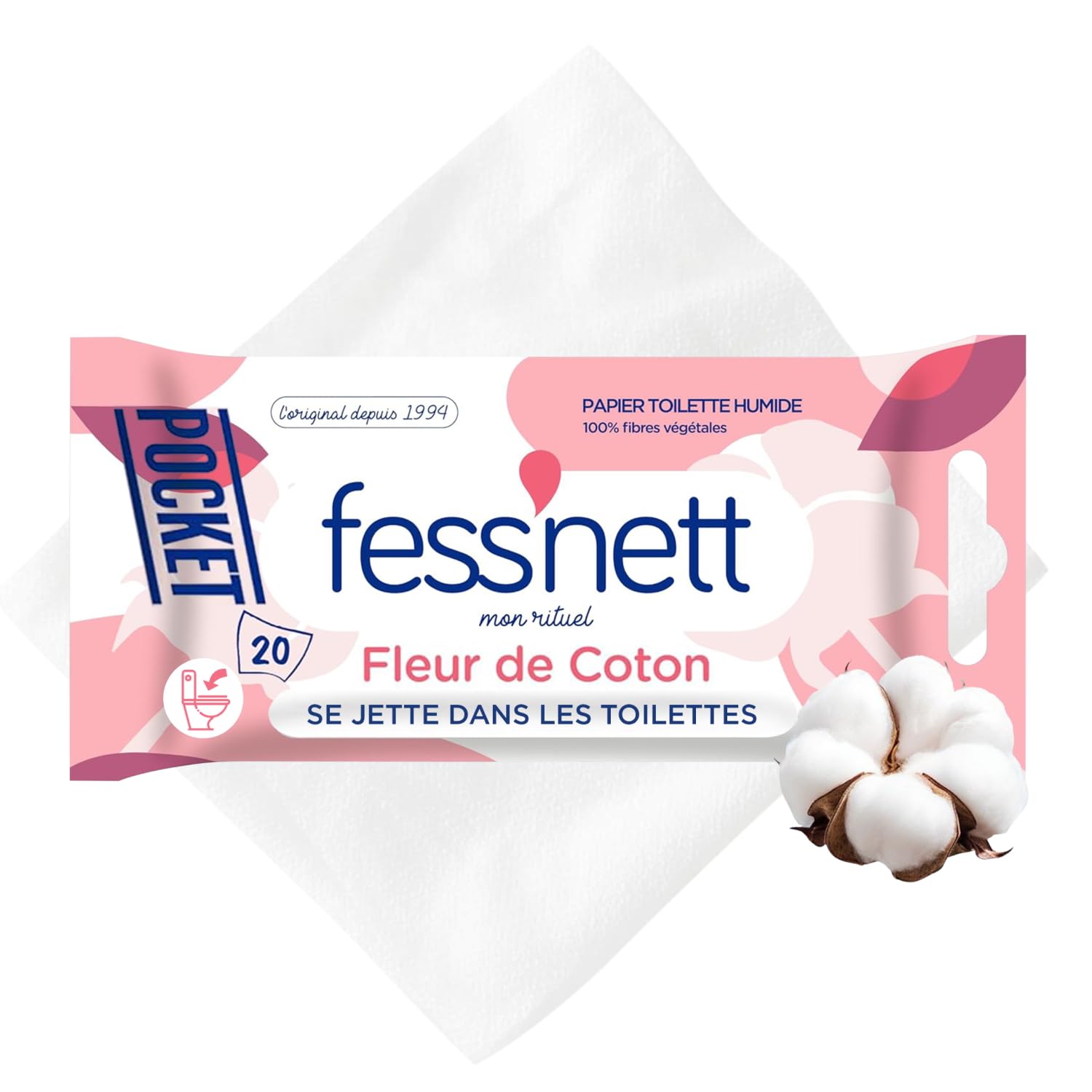Fess'Nett Pocket Wet Toilet Paper Cotton Flower, 1x20 Wipes