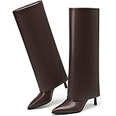 Rogerdream Women's Pointed Toe Fold Over Knee High Boots Stiletto Heel Fashion Dressy High Heels Long Boots for ladies
