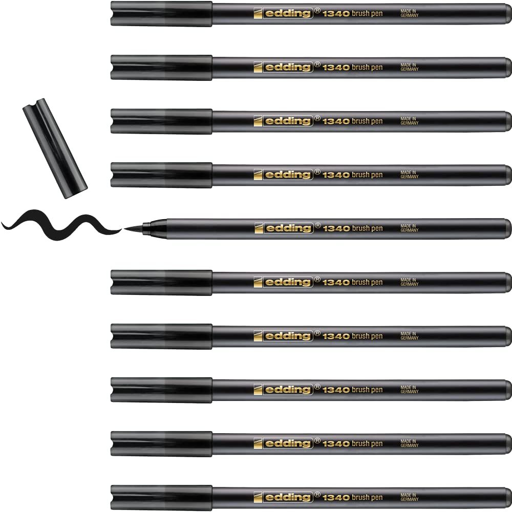 edding 1340 Brush Pen - Black - Box of 10 - Flexible Brush Tip - Felt-Tip Pen for Painting, Writing and Drawing - Bullet Journals, Hand Lettering, Mandalas, Calligraphy