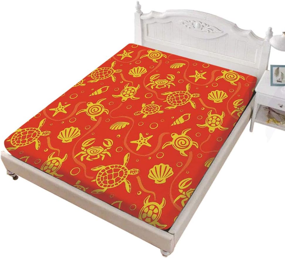 Twin Size Fitted Sheet,Swimming Turtles and Crabs with Shells Bubbles and Starfish Tropical Ninja Decorative Soft Decorative Fabric Bedding All-Round Elastic Pocket,for Kids & Adults,Burnt Orange Yell