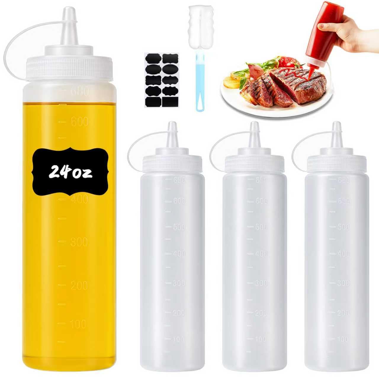 Furuising 4Pcs Large Sauce Bottle 680ML/24oz, Condiment Squeeze Bottles, Reusable Squeezy Bottles with Nozzles, Plastic Sauce Bottles with Cleaning Brush, Stickers for Condiment, Ketchup, Oil, Salad