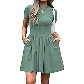 Evzeiem Womens Summer T Shirt Dress Short Sleeve Casual Mini Dresses Drop Waist Swing A Line Dress with Pockets