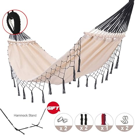 Amazon Co Jp スタンド付きキャンプハンモック ボヘミアンタッセルレースハンモック 庭の スイングハンモックチェア 簡単に取り外し可能なダブルロッド ホーム キッチン
