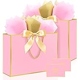 Ethhqu Fancy Large Gift Bags with Handles, 2 Pack 12.6x10x4 Inches - Includes Tissue Paper & Cards for Birthday, Valentine's Day, Baby Shower, Wedding, Anniversary & Holiday Gifts (Pink and Gold)