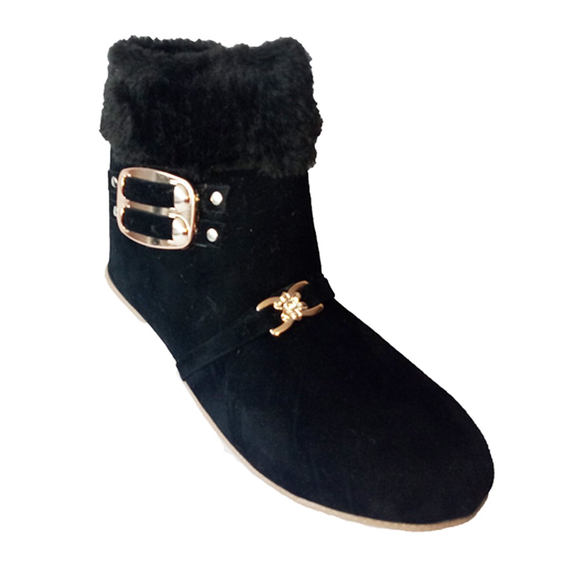 walk street buckle and fur style girls black boots (fur-boot)
