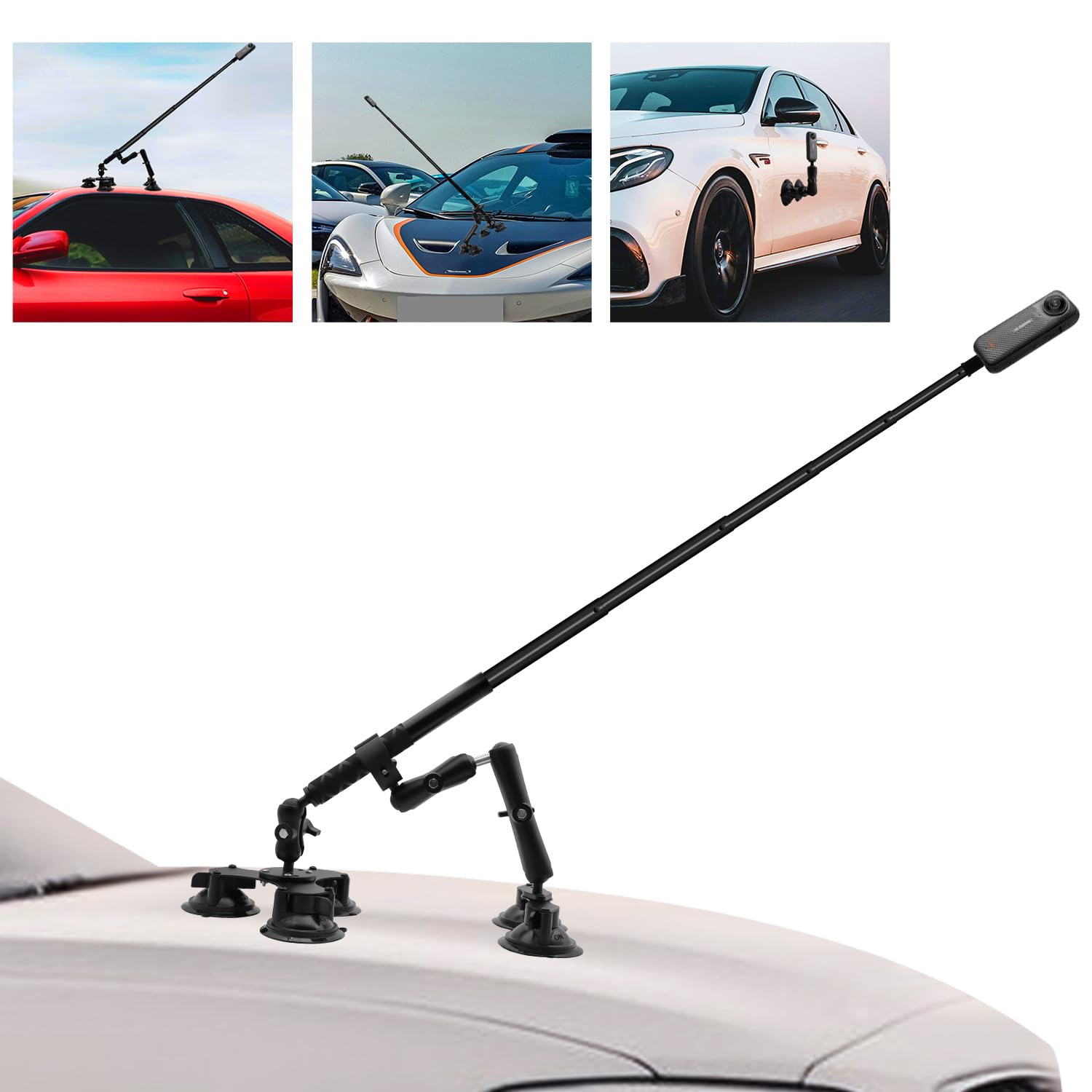 HAFOKO 8 in 1 Triple Suction Cup Car Mount Kit with 47" Invisible Selfie Stick Compatible for Insta360 x5,x4, x3, x2, x,One RS,R Camera Suction Car Compatible with GoPro 12/11/10/9/8/7 Action Cameras