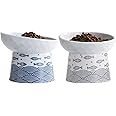 TAMAYKIM Tilted Ceramic Elevated Cat Bowls, Food and Water Raised Bowl Set for Kitty Cats and Small Dogs, Porcelain Stress Free Feeding Pet Bowl Dish, Black & Blue, Set of 2