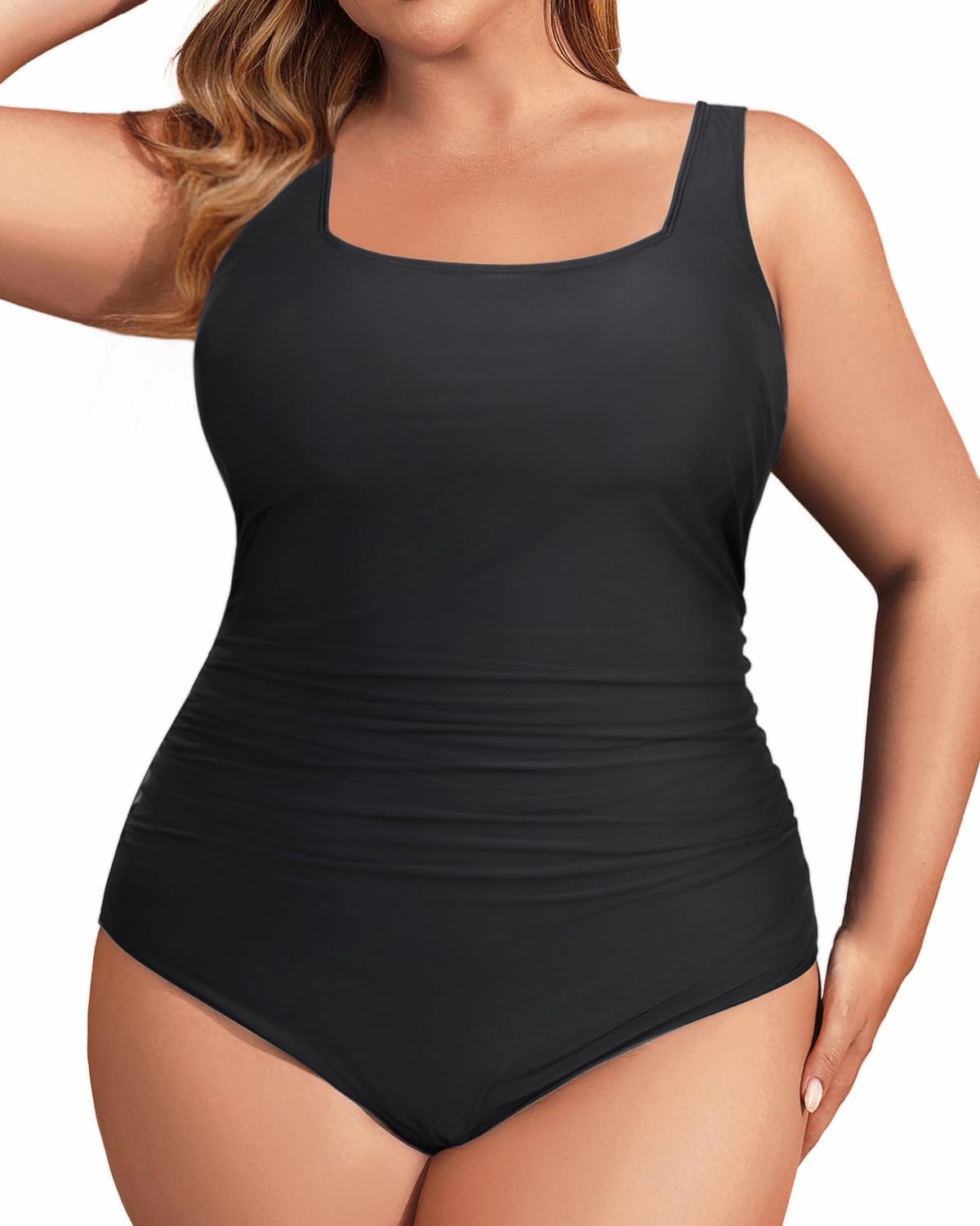 Photo 1 of Daci Women's Black Plus Size One Piece Swimsuit - Tummy Control Athletic Bathing Suit with Square Neck 18 Plus