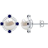 Natural 6.5 Carat Freshwater Pearl Earrings in Silver, Aaa Quality, Pearl Sapphire Earrings - Gift For Special Occasions