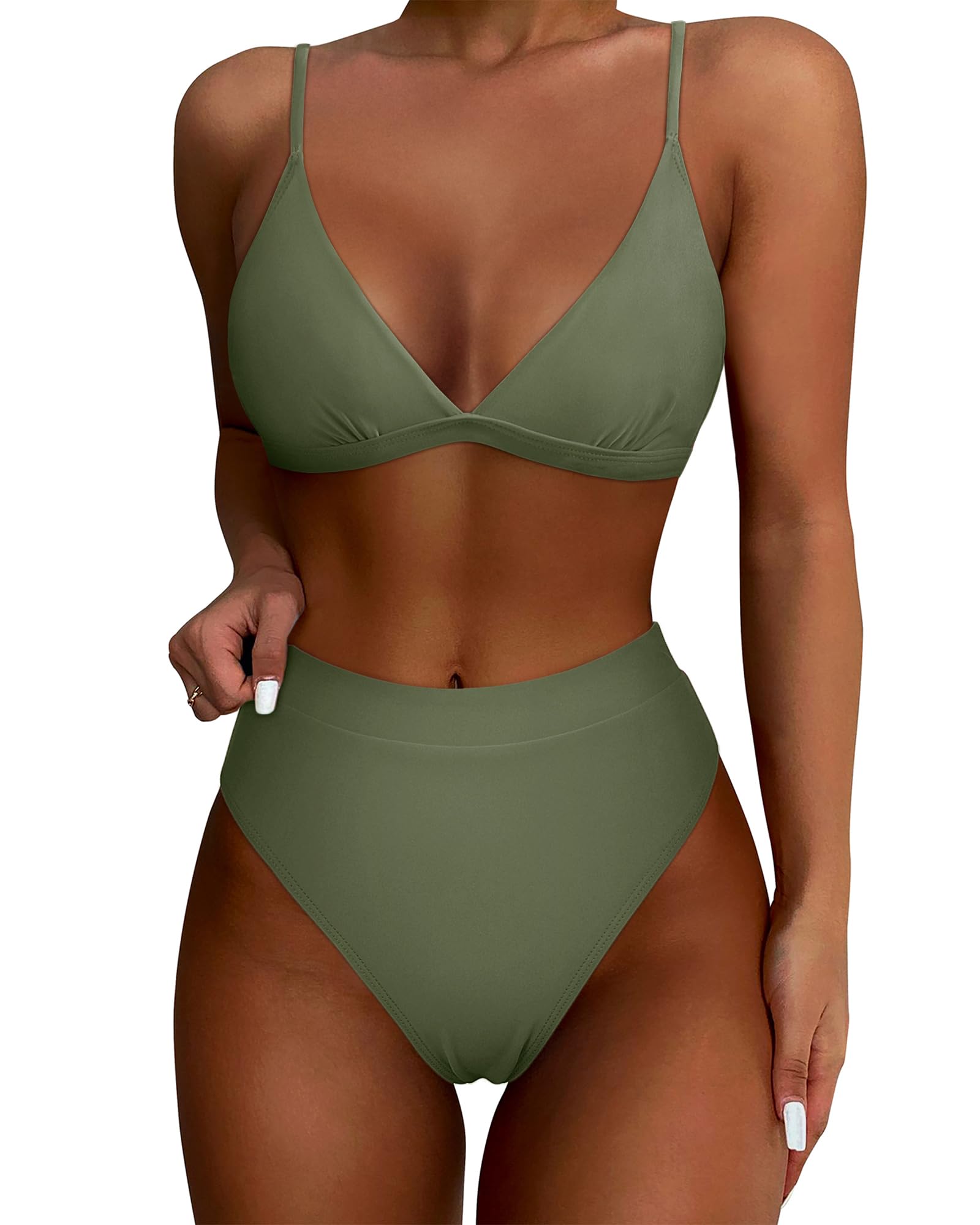 Photo 1 of SUUKSESS Women Sexy High Waisted Two Piece Bikini Sets Triangle High Cut Swimsuit Push Up Bathing Suit (Army Green, L)