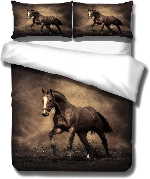Parure De Lit Cheval Brun 100% Coton - Housse De Couette 140x200 Cm + Taie D'Oreiller 65x65 Cm