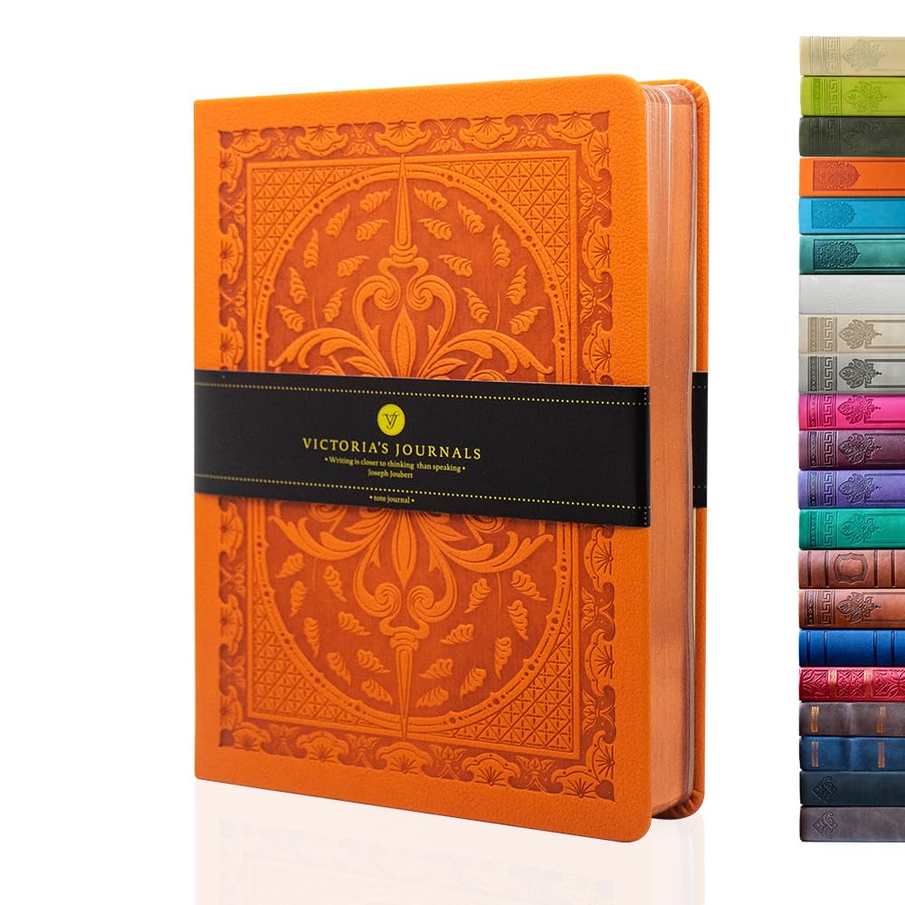 VICTORIA'S JOURNALS Leatherette Vintage Journal Hard Cover Lined Notebook Old Looking Travel Diary, A5 Size 5.7'' x 8.1'' (Orange, A5),(ONB0040)