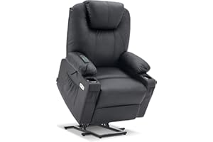 MCombo Large Power Lift Recliner Chair Sofa with Massage and Heat for Big and Tall Elderly People, 3 Positions, Cup Holders, and USB Ports, Faux Leather 7516 (Large, Black)