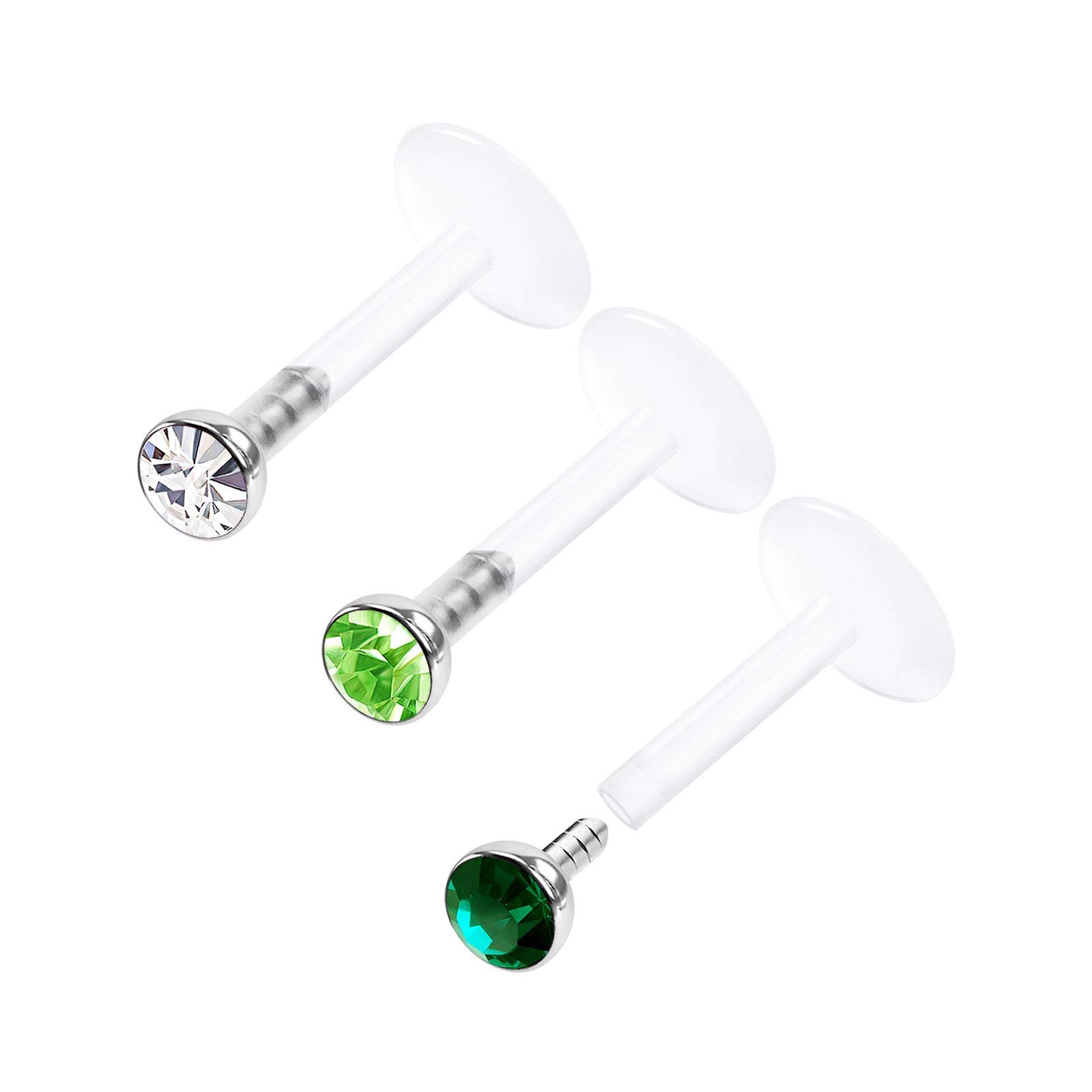 KJM FASHION 3PCS Bioflex Push In Lip Ring Studs 16g 1/4 6mm 2mm Crystal Snake Bite Medusa Lobe Earrings Labret Piercing Jewellery 3830