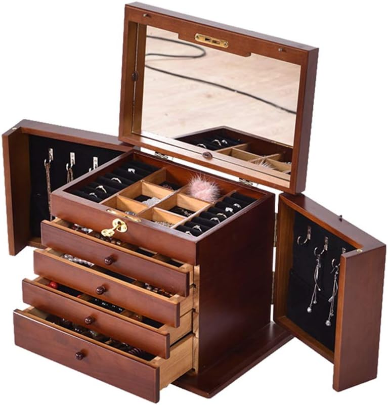YSYDE Large Jewelry Organizer, 5 Layer Huge Leather Jewelry Box for Women With Mirror, Watch Necklace Ring Earring Bracelet Storage Case With Drawers