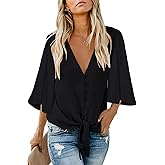 Kancystore Womens Button Down V Neck Tie Knot Front Tops 3/4 Sleeve Chiffon Casual Blouse Shirts