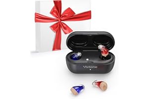 Vivtone Supermini Hearing Aids (Not Amplifiers), Rechargeable Digital Hearing Devices with 16-channel Sound Processing for Superior Sound Quality, Over-the-Counter, Pair (Blue & Red with Black Case)