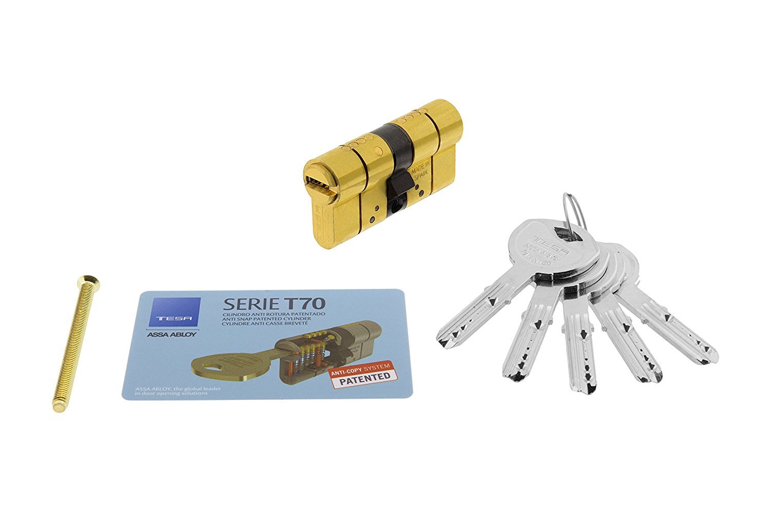 Tesa T75D3040L Assa Abloy T75D3040L-High Security Cylinder T70 DS, 30 x 40 mm, Long Lid, Wrench, Brass, 30 x 40 mm