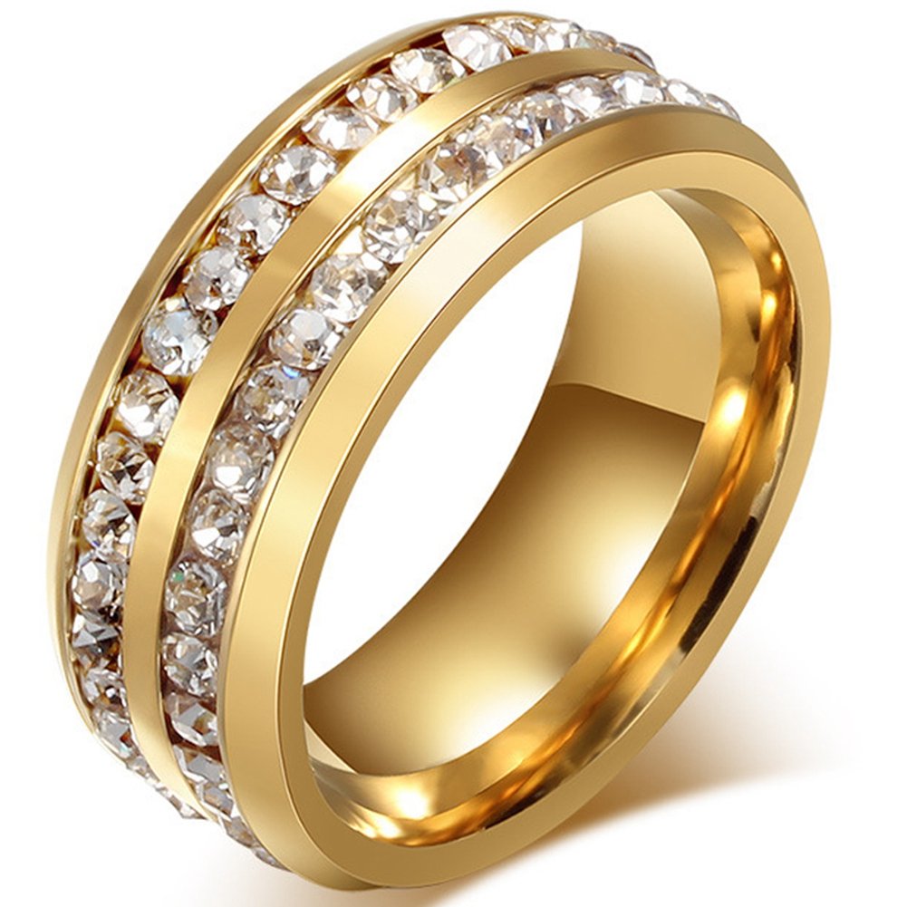 Mens Womens Promise Ring 8MM Titanium Stainless Steel Gold Plated CZ Channel Set Promise Band Size 6-13