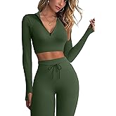 QINSEN Workout Sets for Women 2 Piece Seamless Long Sleeve Crop Tops Ribbed High Waist Leggings