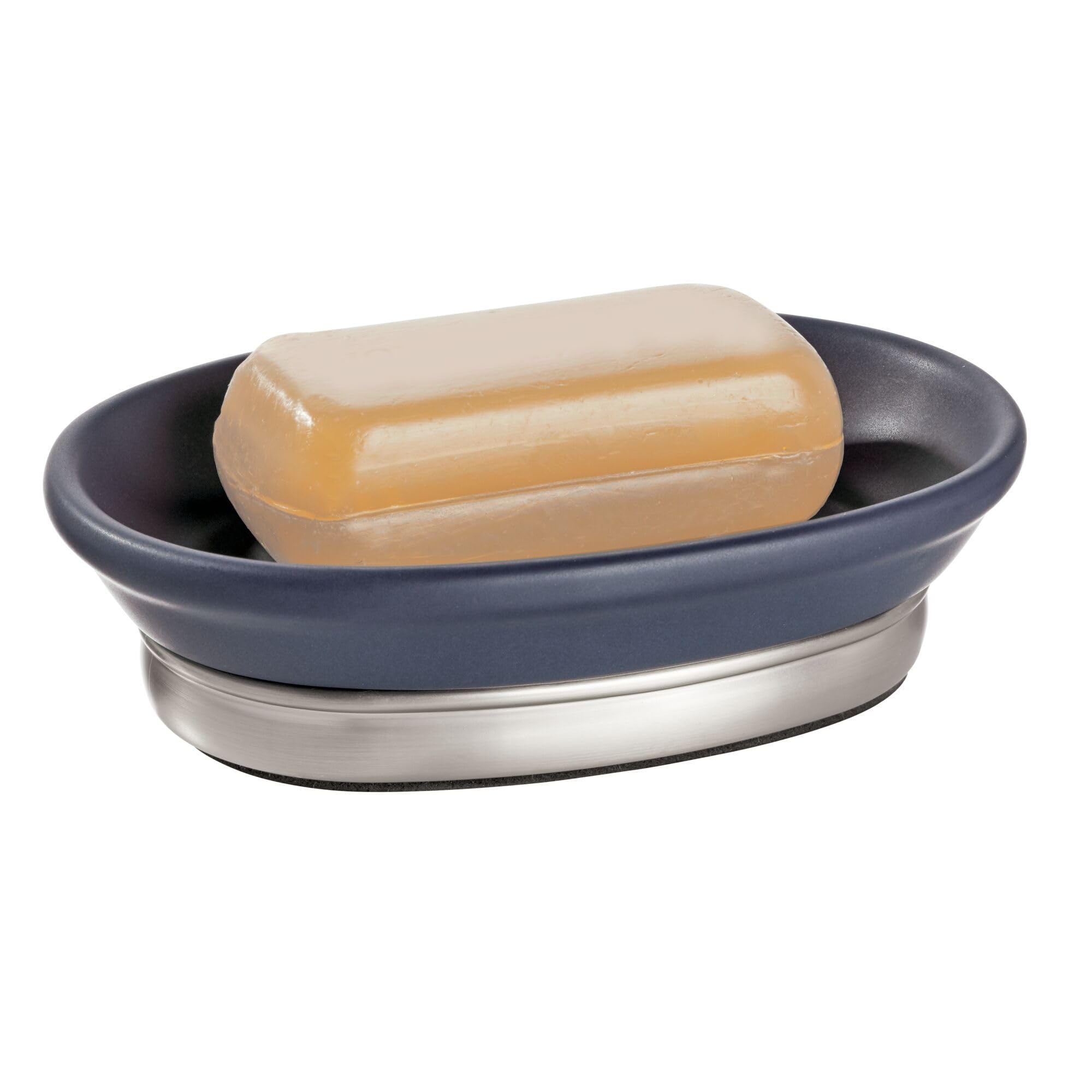 Photo 1 of *MINOR DAMAGE - USED*
iDesign Ceramic and Steel Bar Holder, The York Collection Soap Dish, Matte Navy/Brushed Nickel