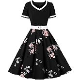 Women 1950s Vintage Floral V Neck Cocktail Swing Dress with Belt 50s 60s Short Sleeve Audrey Hepburn Rockabilly Prom Dress Spring Pleated A line Homecoming Formal Party Bridesmaid Dress Black-Peony S