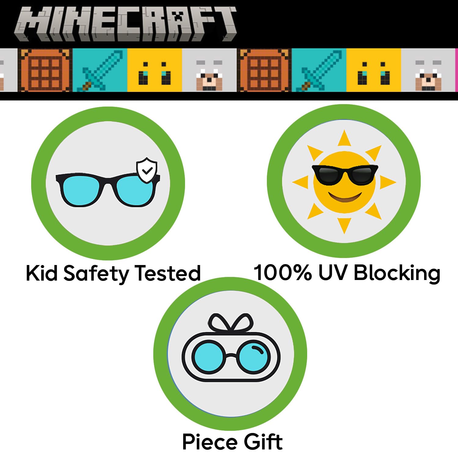 Sun-Staches Minecraft Sunglasses - Stylish, Comfortable & Durable UV-Protective Kids Glasses With Soft Carrying Case - Official Minecraft Gifts for Boys and Girls
