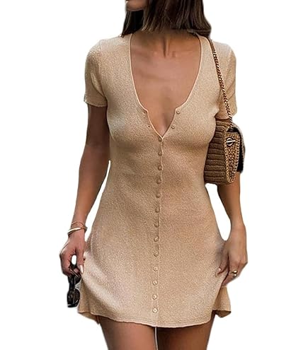 jolie button mini knit dress PNZLZIA Women Sexy V-Neck Front Ribbed Dress, Summer Short Sleeve Slim Fit Casual A-Line Short Dresses (Beige,Small) at Amazon Women's Clothing store Rib knit