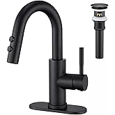 Kablle Bathroom Sink Faucet with Pull Down Sprayer, Matte Black Single Handle Pull Out Faucet with Pop-Up Drain, 1 or 3 Hole Laundry Bar Basin Faucet with Deck Plate, KBL-7002B-CL2