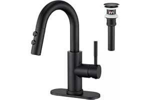 Kablle Bathroom Sink Faucet with Pull Down Sprayer, Matte Black Single Handle Pull Out Faucet with Pop-Up Drain, 1 or 3 Hole Laundry Bar Basin Faucet with Deck Plate, KBL-7002B-CL2