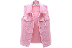 loveimgs Women's Fashion Sleeveless Regular Fit Lightweight Button Front Candy Color Ripped Denim Vest Jacket Pockets