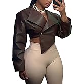 RISCUYY Cropped Jacket Women Faux Leather Irregular Hem Lapel Long Sleeve Burgundy Cropped Leather Bomber Jacket Women 2026