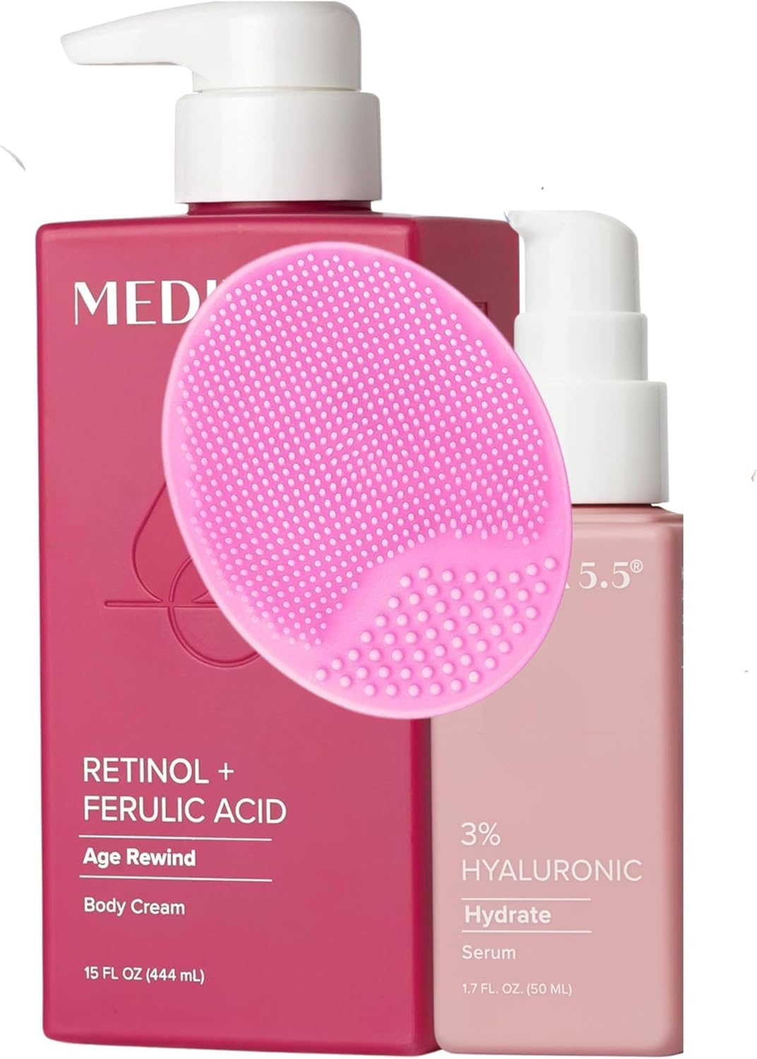 MED Retinol Cream with Ferulic Acid Face & Body Lotion 444ml + Hyaluronic Booster Serum 50ml Anti-Aging Skincare for Crepey Skin, Wrinkles Hydrating Body Cream + Facial Brush & Prosperina Card