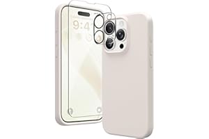 GONEZ for iPhone 15 Pro Case, with 2X Screen Protector + 2X Camera Lens Protector, Liquid Silicone Shockproof Anti-Scratch Full Body Protective Microfiber Lining Phone Case 6.1" 2023, Stone