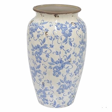 Benzara Floral Print White Bare Rustic Crackled Terracotta Vase