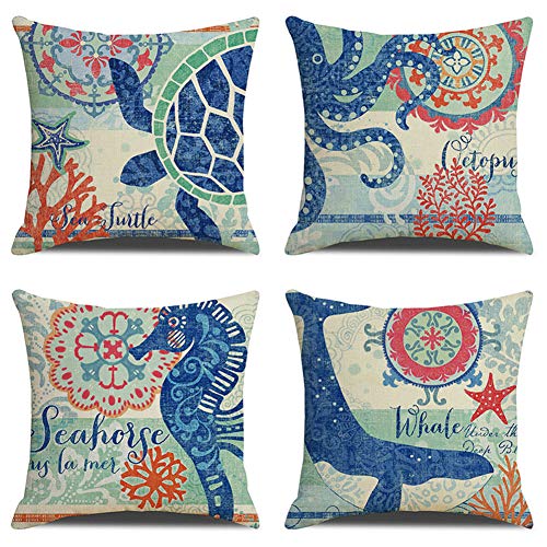 Ocean Theme Decorative Throw Pillow Covers,18 x 18 Inch, Set of 4 Blue