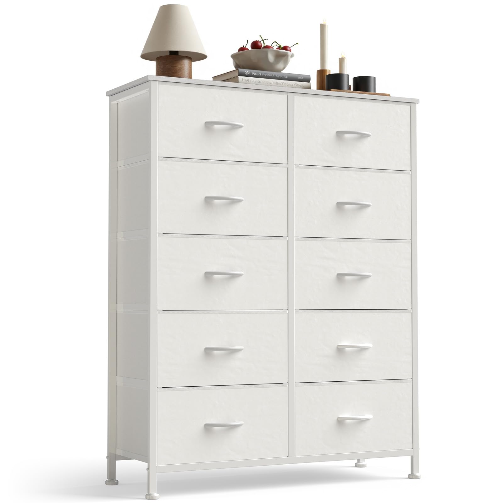 Sweetcrispy White Dresser for Bedroom, 10 Drawer Tall Dresser, Fabric Storage Tower with Bins, Chest Organizer Unit for Bedroom Closet, Hallway, Steel Frame Wood Top, Easy Pull Handle