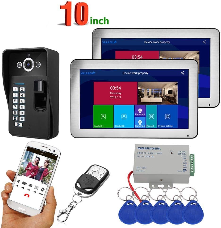 JINPENGPEN Video Intercom Doorbel,10 Inch 2 Monitors WiFi Wireless Fingerprint Doorbell Intercom System with Wired AHD 1080P Control System