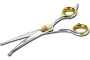 Sharf Dog Grooming Scissors, Gold Touch 6.5 Inch Curved Sharp Professional Pet Grooming Shear with Safety Round Tip, Ball Point for Safe and Easy Use Even for Nose, Ear and Face