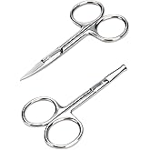 LePinko Facial Hair Small Grooming Scissors For Men Women, 2PCS Silver | Eyebrow, Nose Hair, Mustache, Beard, Eyelashes, Ear Trimming Kit, Curved and Rounded Safety Tip, Hair Cutting Clippers